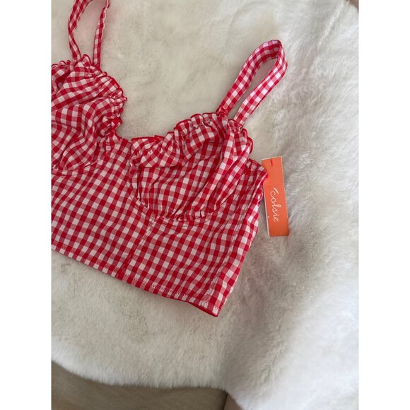 Colsie size XL Red Gingham Crop Corset Bra Top Shirred Smocked back NEW - Picture 3 of 6